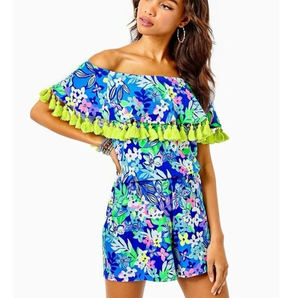 LILLY PULITZER LA FORTUNA ROMPER BOREALIS BLUE SOCIAL SUNSET SZ MED. NEW W/ TAGS